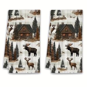 Beautiful Forest Winter wonderland  Kitchen hand towels Moose New!